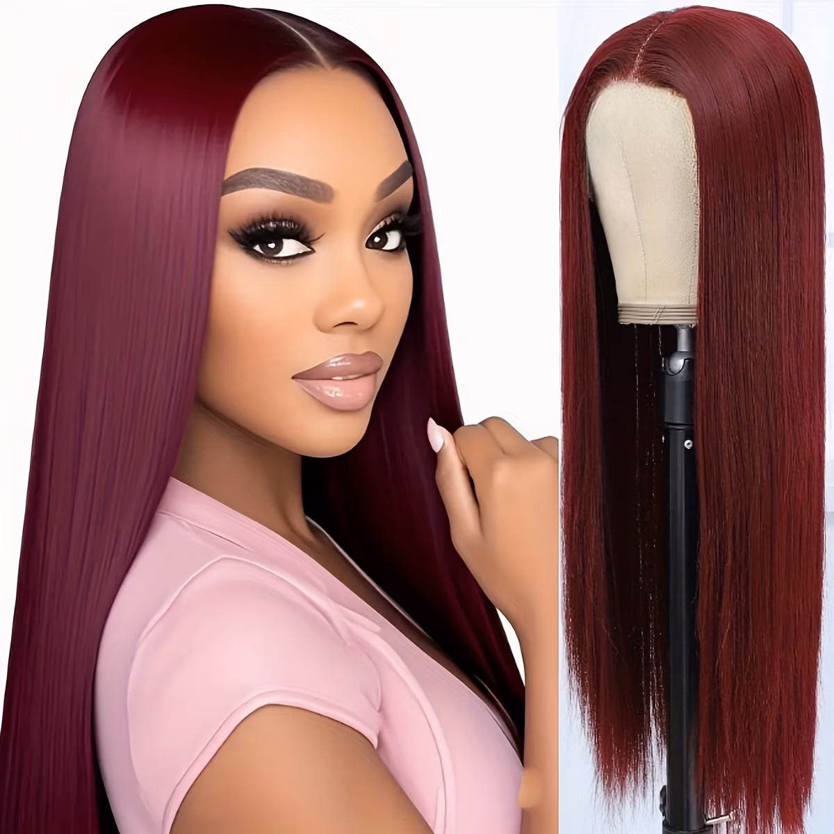  Burgundy Long Straight Synthetic Wig 4