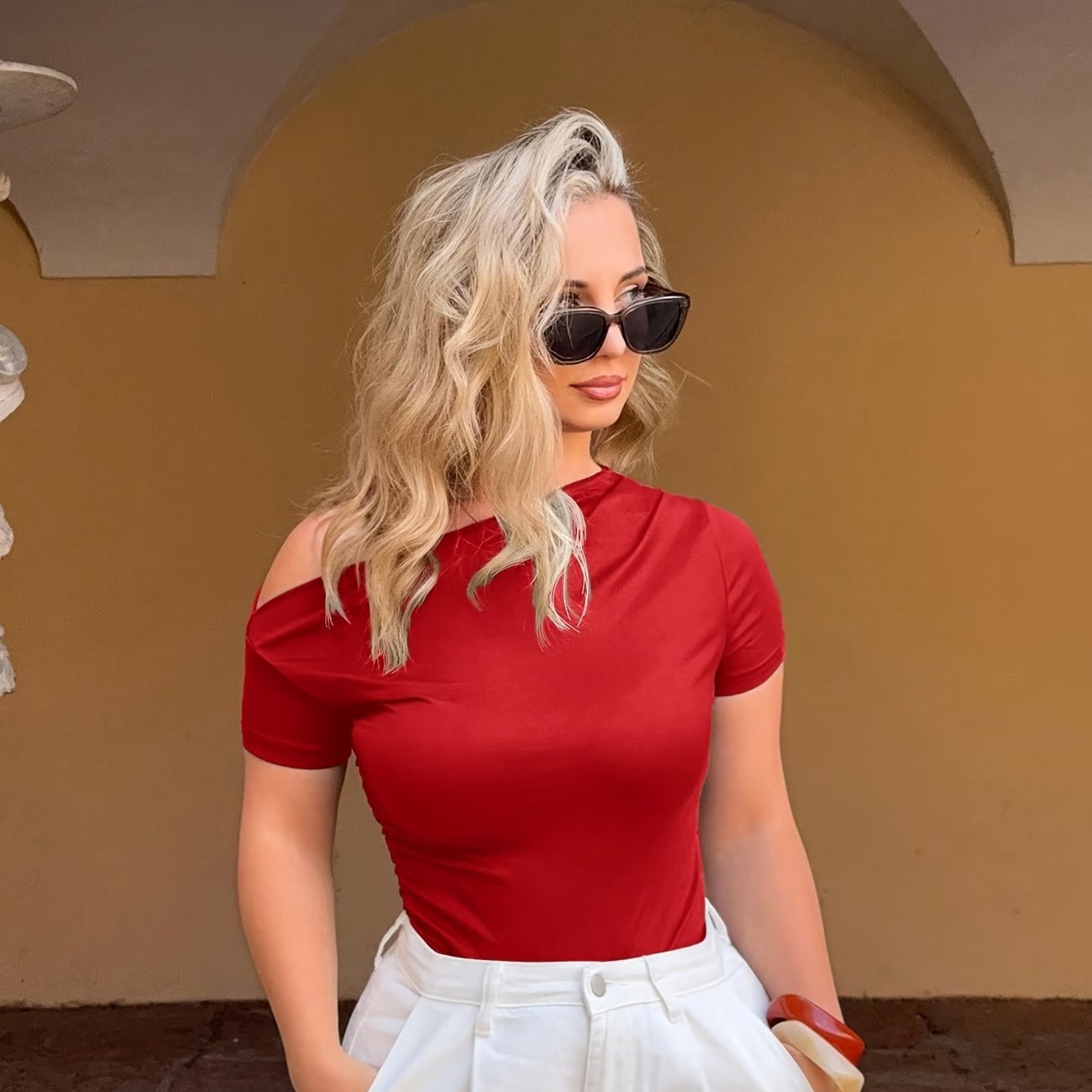 Women'S Fashion Summer Solid Color Asymmetrical Neck Short Sleeve Slim Fit Ruched T-Shirt 2