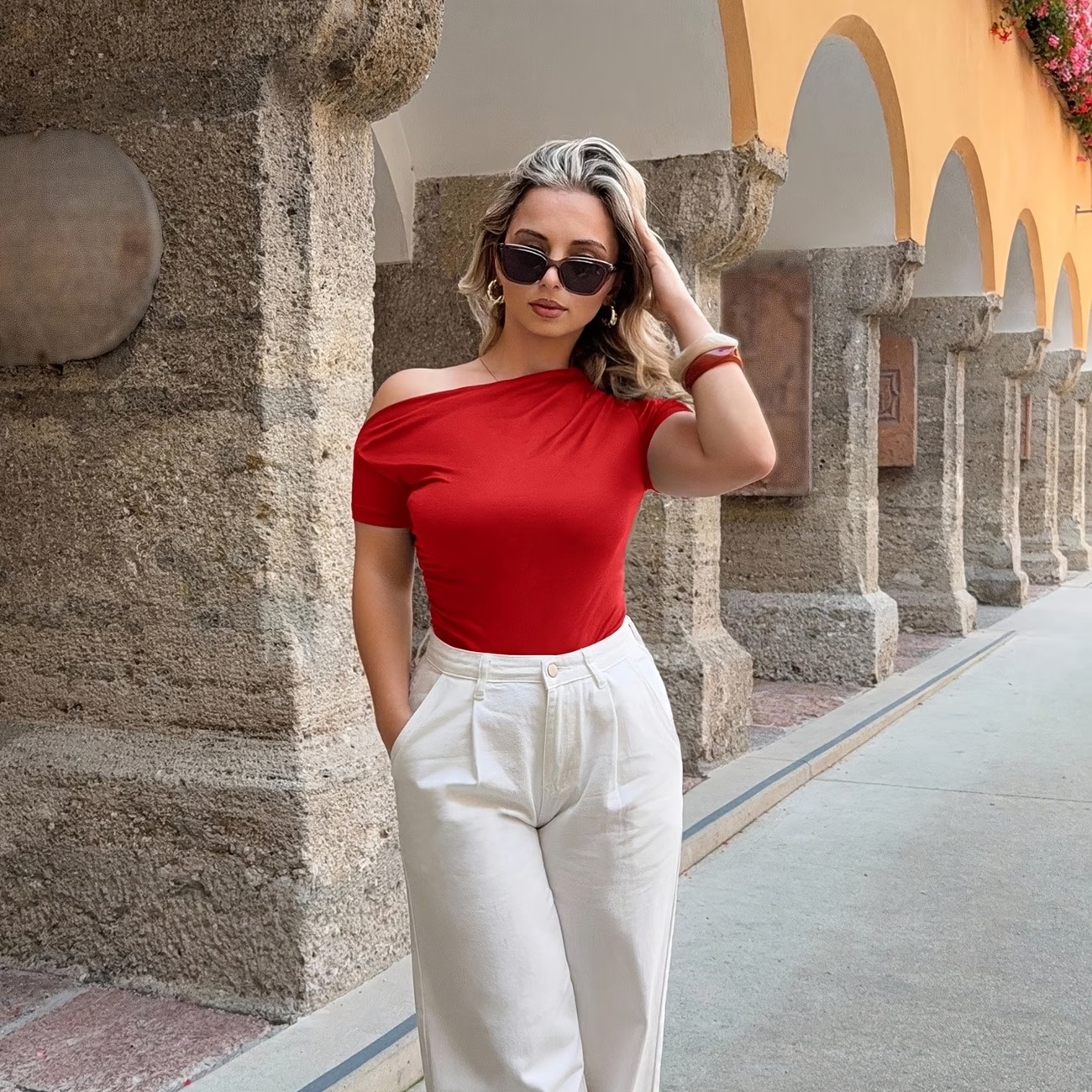 Women'S Fashion Summer Solid Color Asymmetrical Neck Short Sleeve Slim Fit Ruched T-Shirt 3