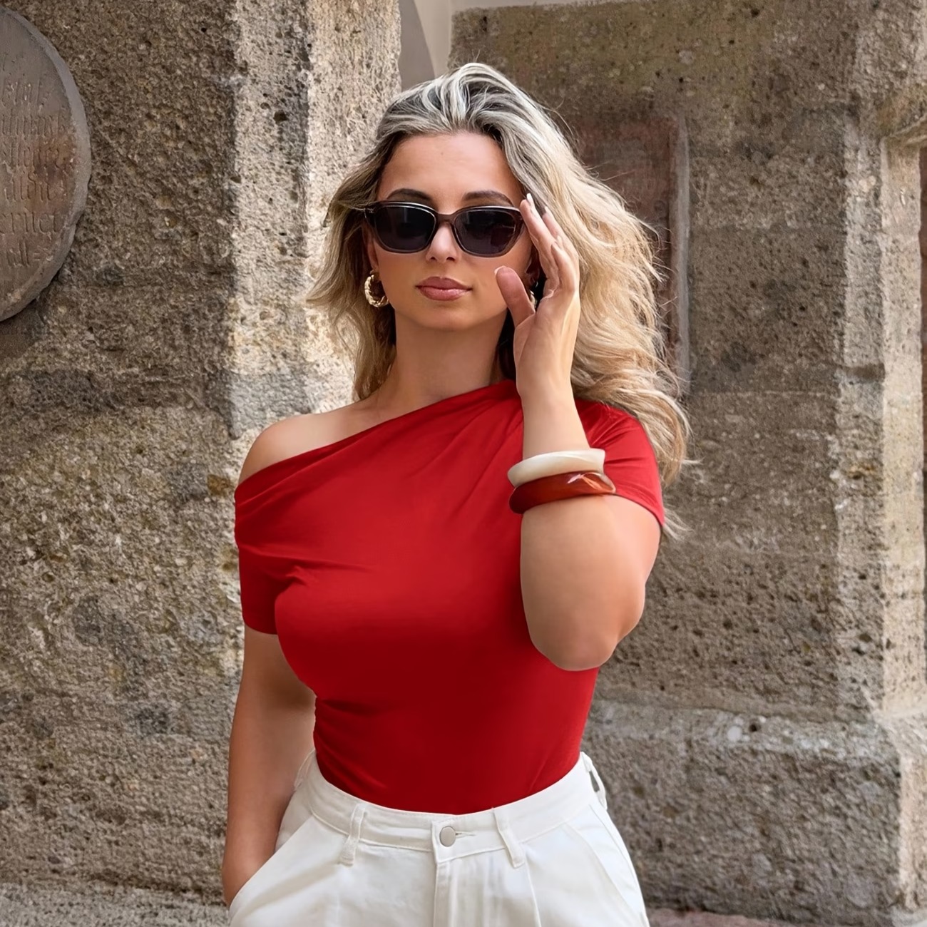 Women'S Fashion Summer Solid Color Asymmetrical Neck Short Sleeve Slim Fit Ruched T-Shirt 5