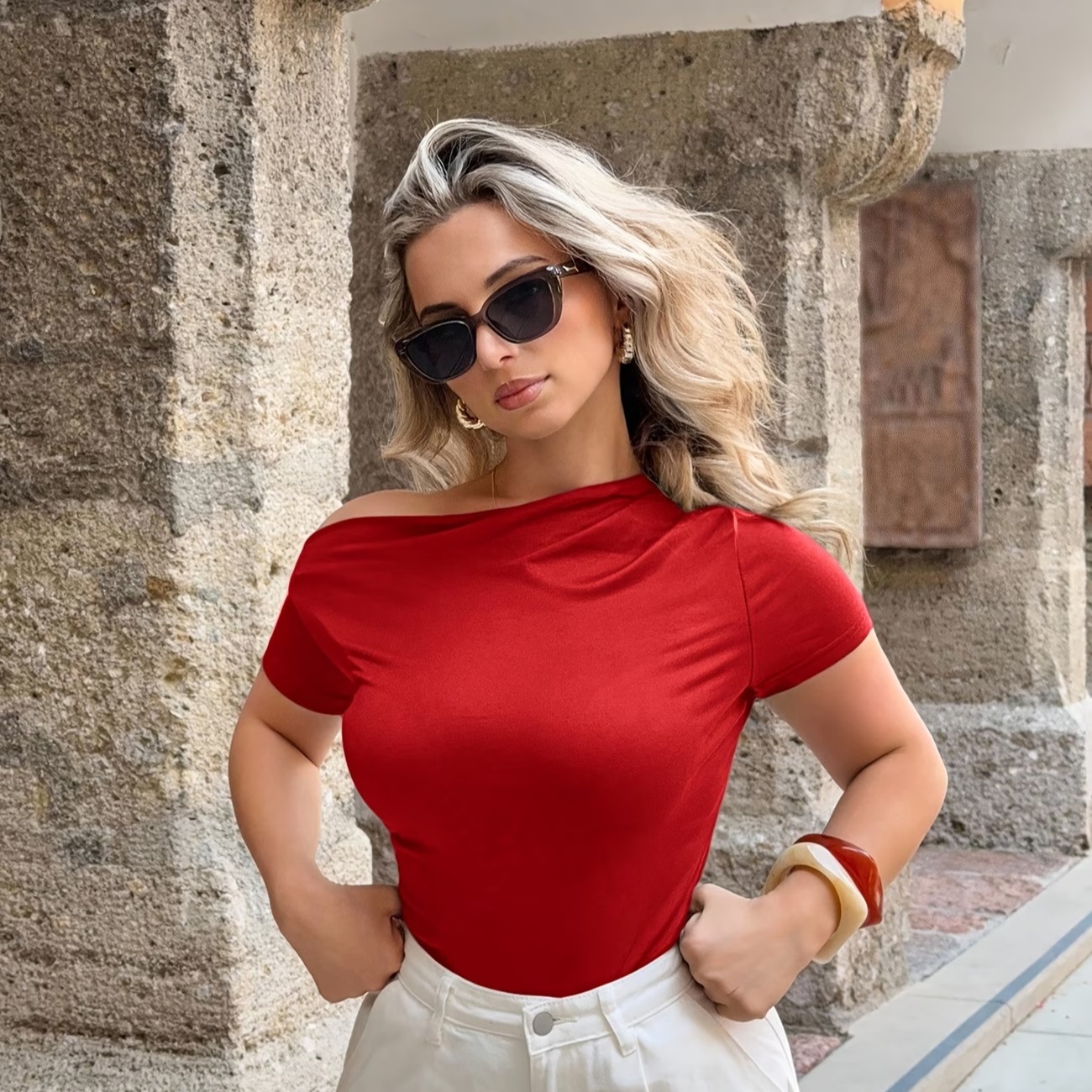 Women'S Fashion Summer Solid Color Asymmetrical Neck Short Sleeve Slim Fit Ruched T-Shirt 6