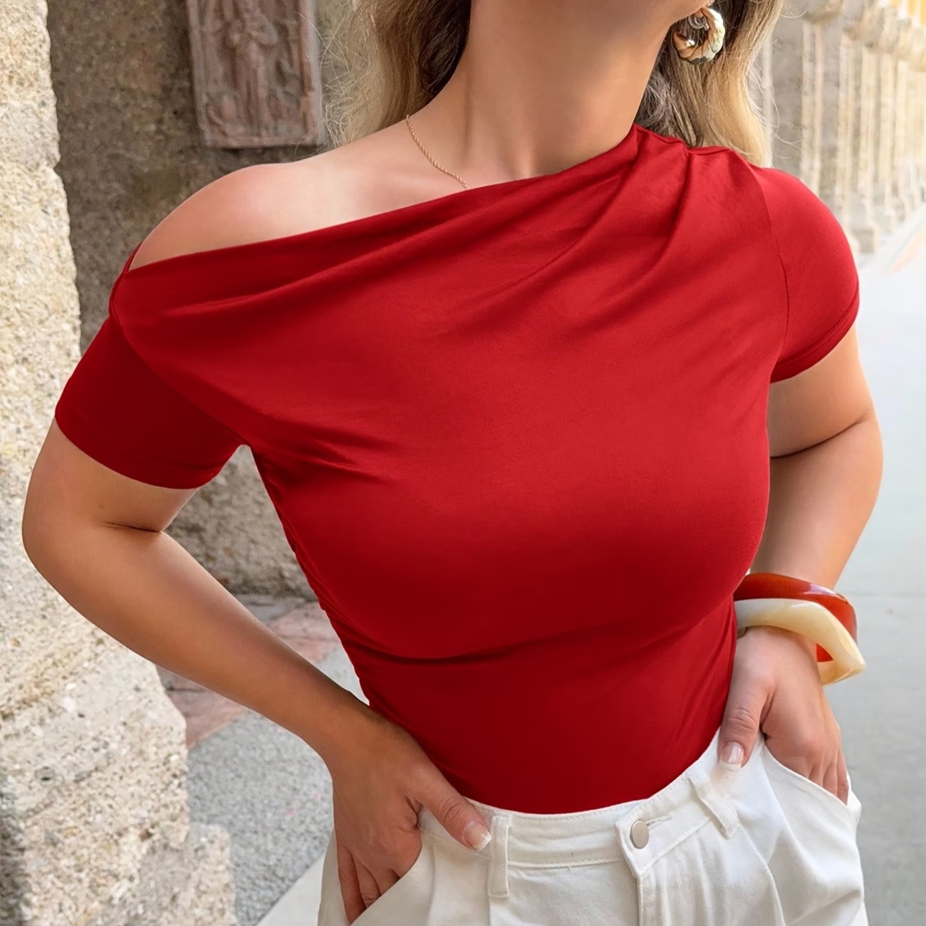 Women'S Fashion Summer Solid Color Asymmetrical Neck Short Sleeve Slim Fit Ruched T-Shirt 7