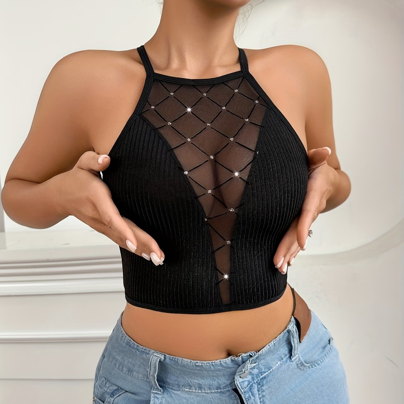Hot Foil Diamond Grid Patch Sheer Sexy Alluring Velvet Mesh Ribbed Lingerie Bra Cross Back Wireless Women'S Bra