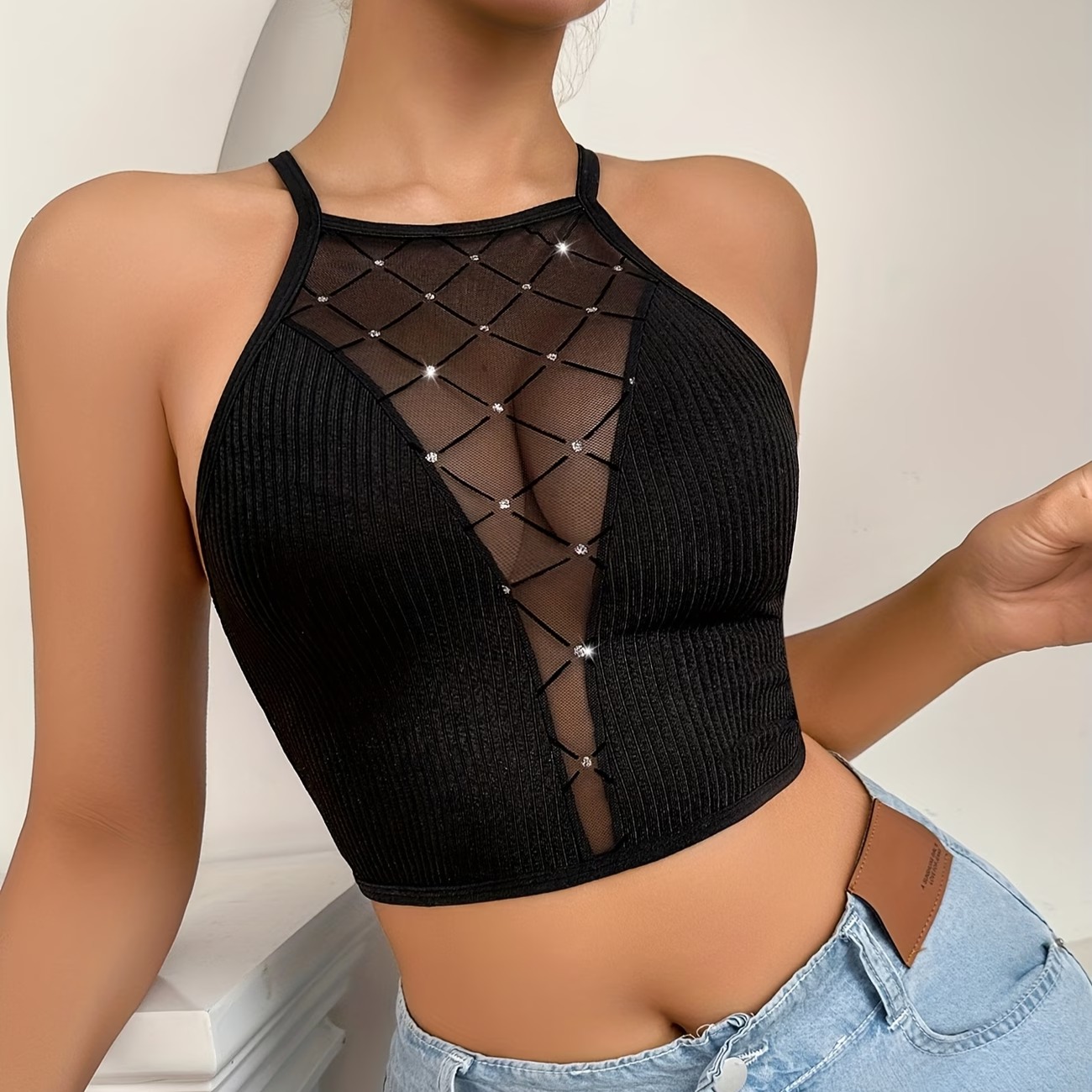 Hot Foil Diamond Grid Patch Sheer Sexy Alluring Velvet Mesh Ribbed Lingerie Bra Cross Back Wireless Women'S Bra 3