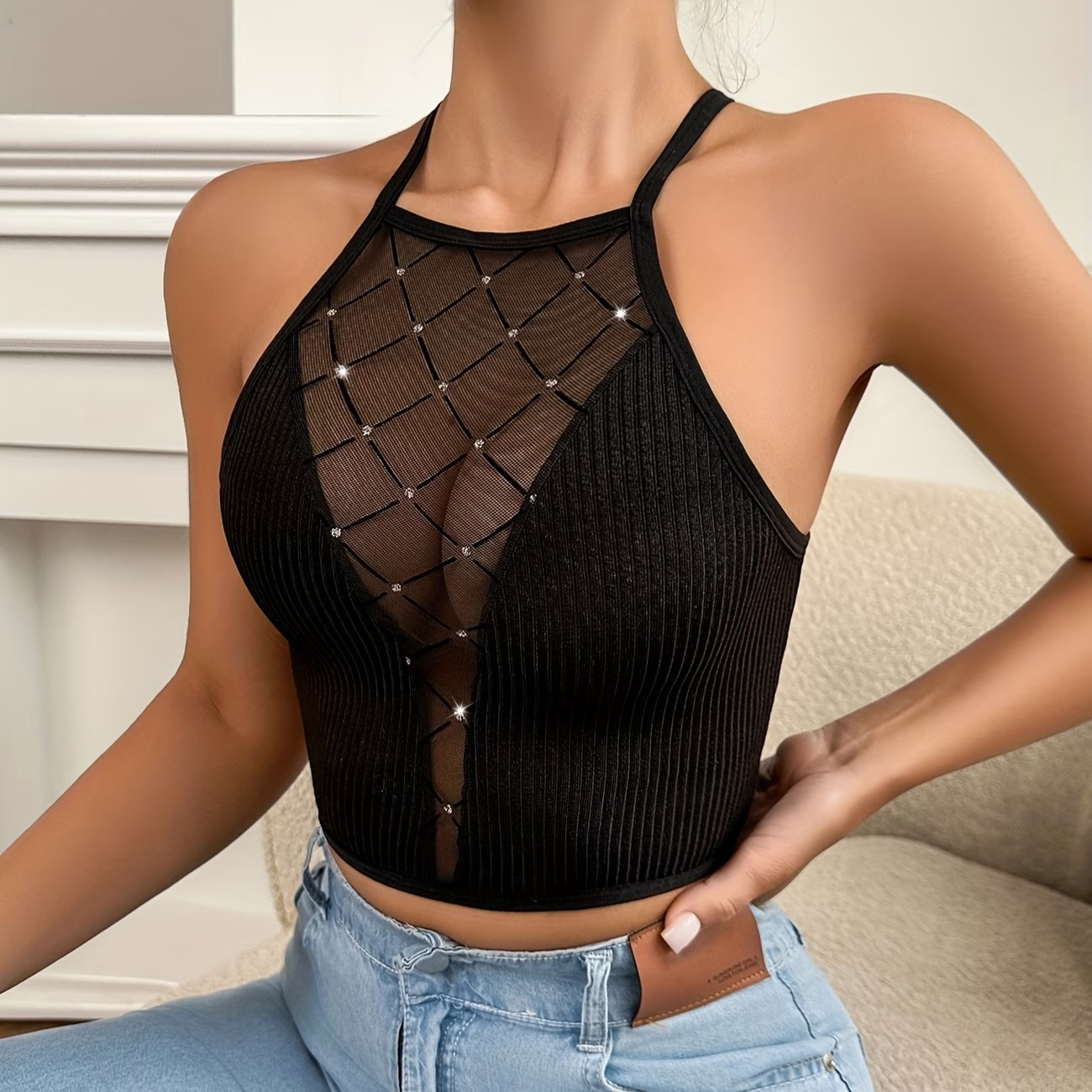 Hot Foil Diamond Grid Patch Sheer Sexy Alluring Velvet Mesh Ribbed Lingerie Bra Cross Back Wireless Women'S Bra 4