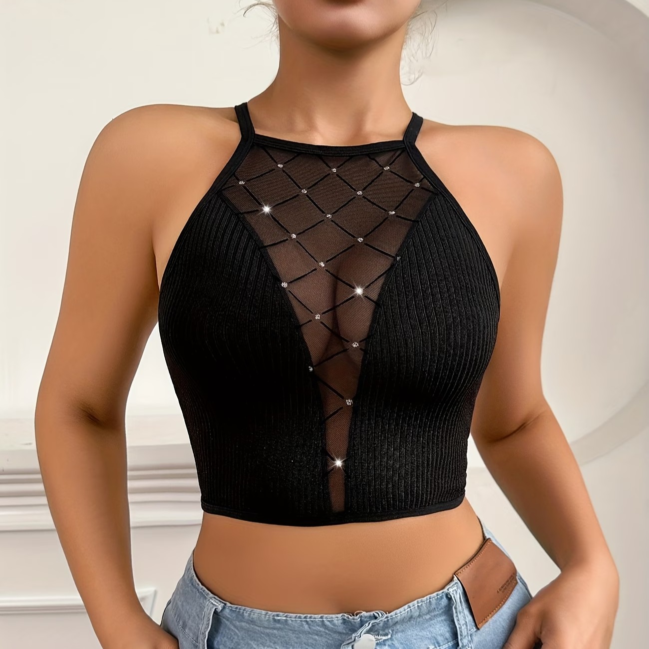 Hot Foil Diamond Grid Patch Sheer Sexy Alluring Velvet Mesh Ribbed Lingerie Bra Cross Back Wireless Women'S Bra 5