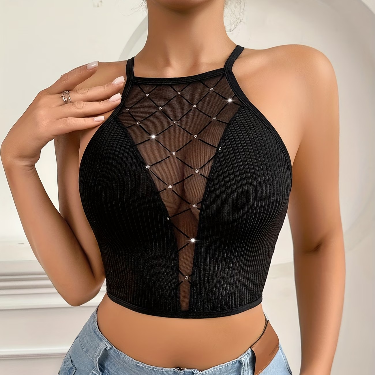 Hot Foil Diamond Grid Patch Sheer Sexy Alluring Velvet Mesh Ribbed Lingerie Bra Cross Back Wireless Women'S Bra 6