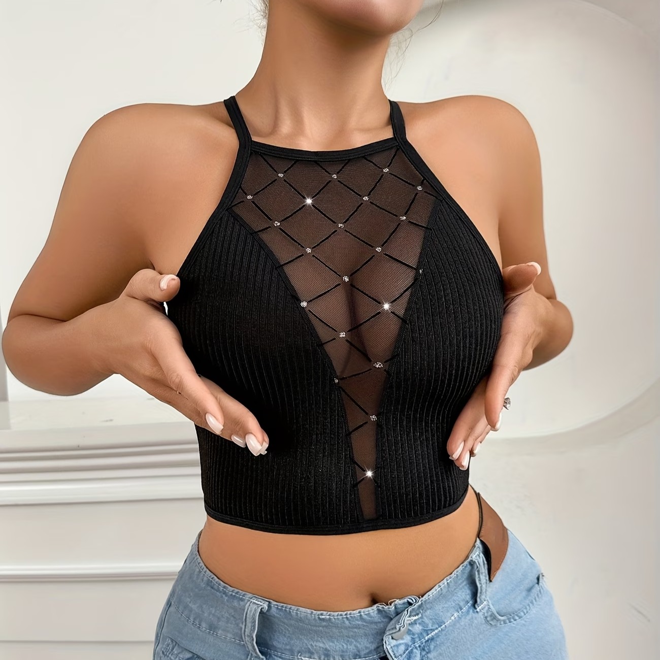 Hot Foil Diamond Grid Patch Sheer Sexy Alluring Velvet Mesh Ribbed Lingerie Bra Cross Back Wireless Women'S Bra 7