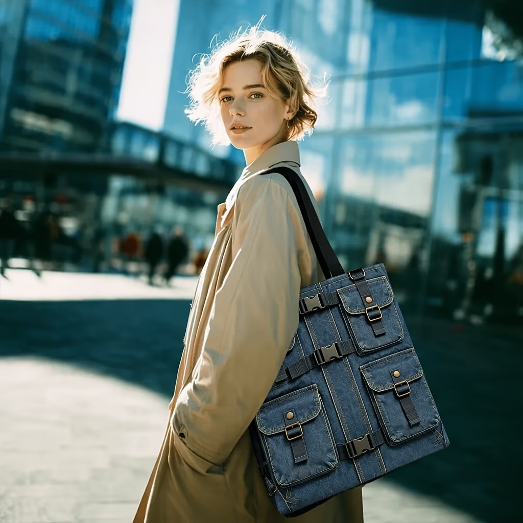 1pc Vintage Practical Multi-Pocket Jacket-Style 2D Double-Sided Print Tote Bag 3