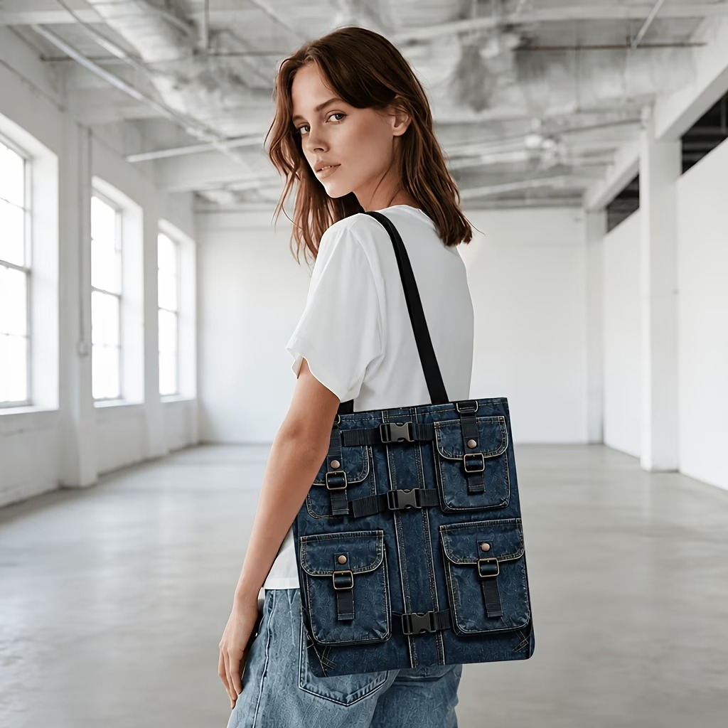 1pc Vintage Practical Multi-Pocket Jacket-Style 2D Double-Sided Print Tote Bag 4