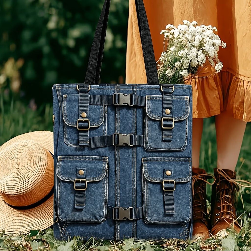 1pc Vintage Practical Multi-Pocket Jacket-Style 2D Double-Sided Print Tote Bag 5