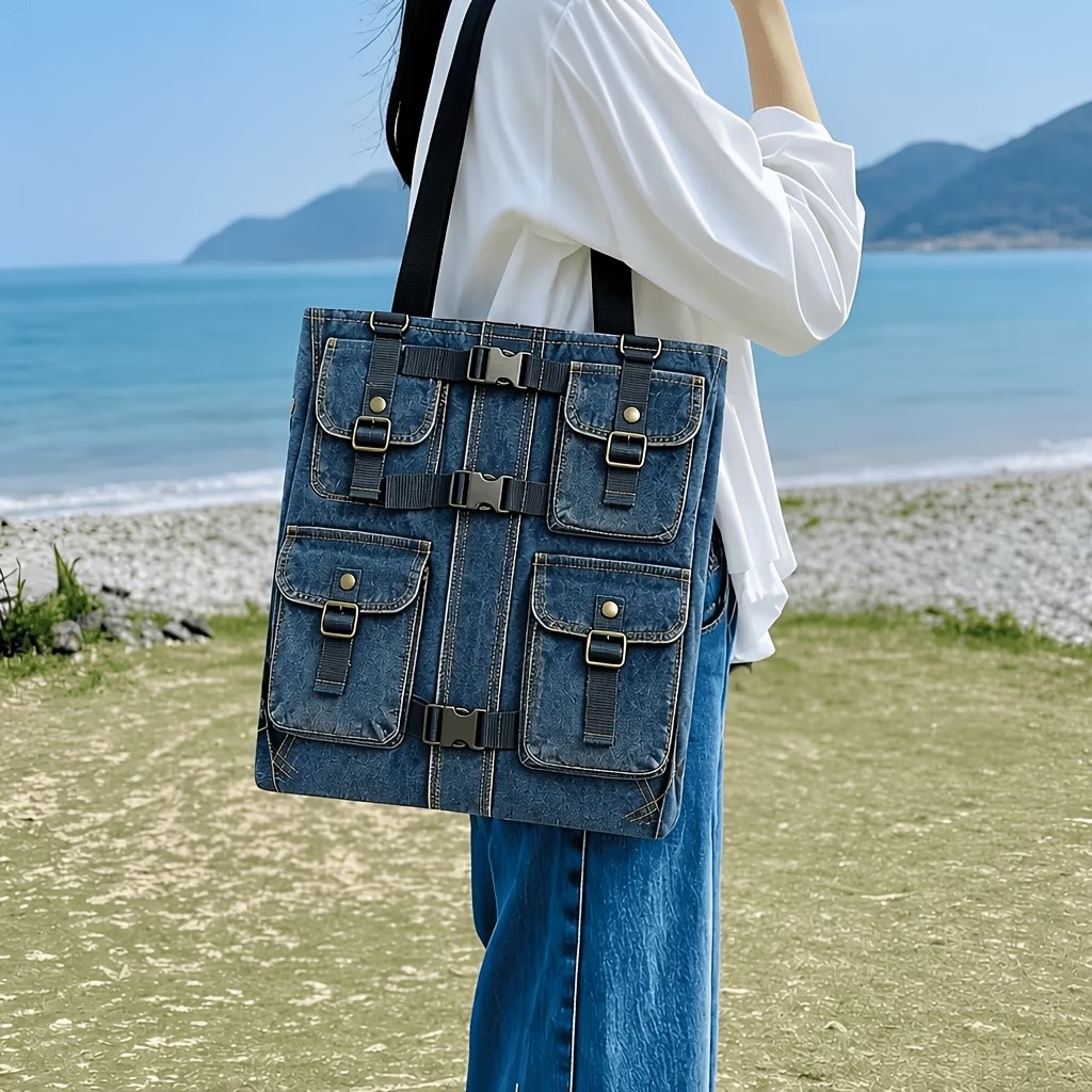1pc Vintage Practical Multi-Pocket Jacket-Style 2D Double-Sided Print Tote Bag 6