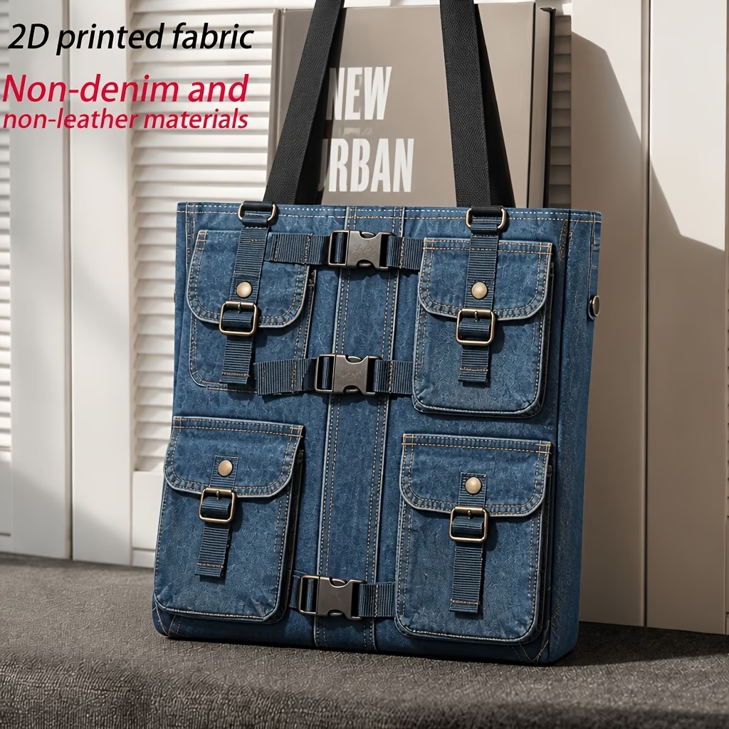 1pc Vintage Practical Multi-Pocket Jacket-Style 2D Double-Sided Print Tote Bag 7