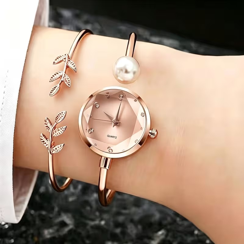 2pcs Luxury Women's Watch & Bracelet Set with Stylish Round Dial, an Ideal Gift for Mother's Day, Birthdays, Ramadan, Anniversaries and Daily Wear