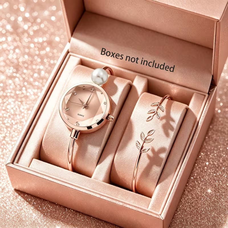 2pcs Luxury Women's Watch & Bracelet Set with Stylish Round Dial, an Ideal Gift for Mother's Day, Birthdays, Ramadan, Anniversaries and Daily Wear 2
