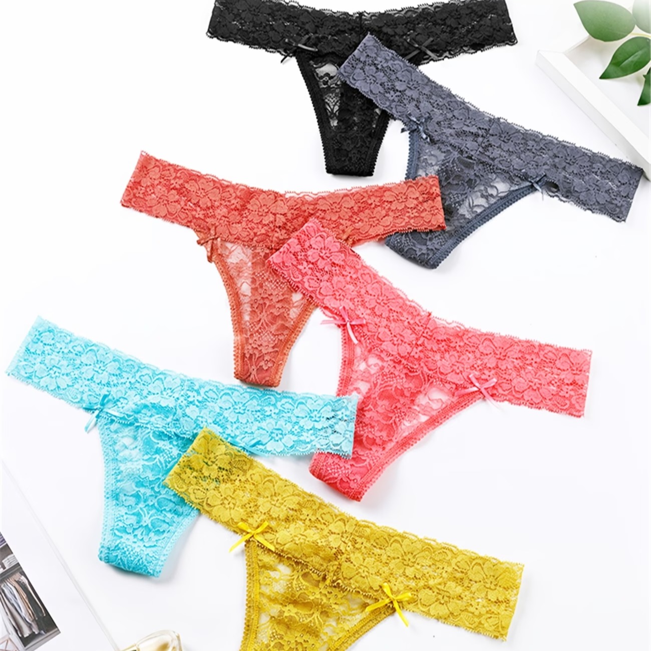 Random 4-Pack Colors Lace Women'S Low-Waist Sheer Sexy Panties T-Back Thong