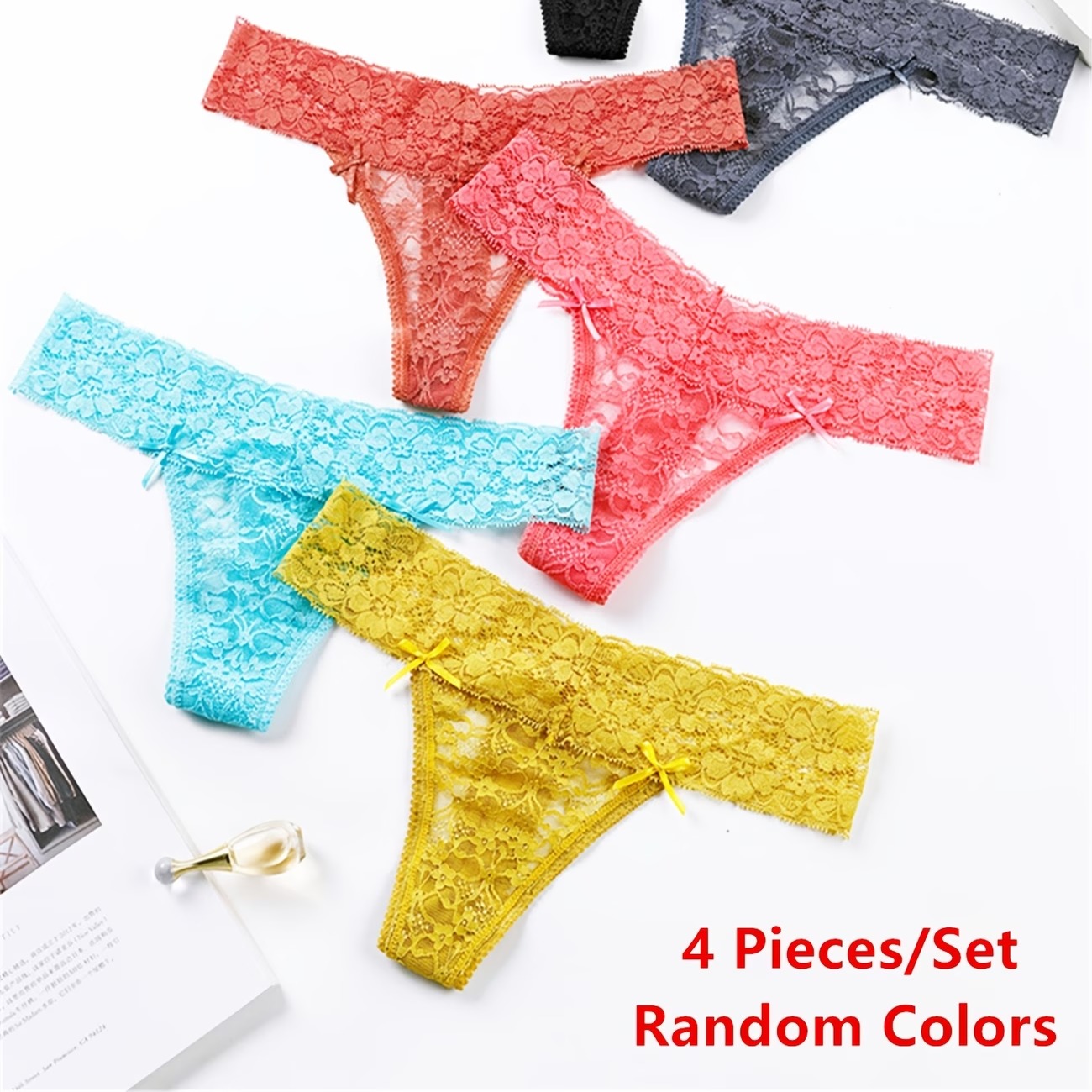 Random 4-Pack Colors Lace Women'S Low-Waist Sheer Sexy Panties T-Back Thong 9