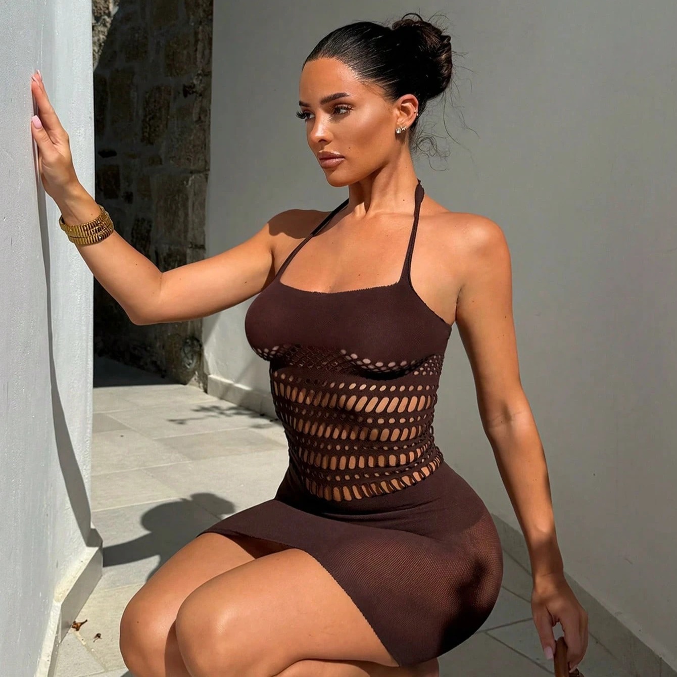 Allurite Women's Brown Halter Neck Dress, High Elasticity Knit Fabric, Hollow Out Design, Suitable For Vacation, Date, Outing, Party 2