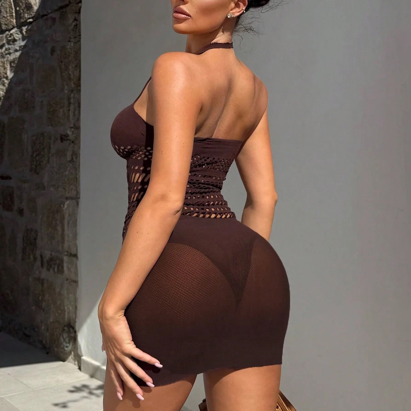 Allurite Women's Brown Halter Neck Dress, High Elasticity Knit Fabric, Hollow Out Design, Suitable For Vacation, Date, Outing, Party 3