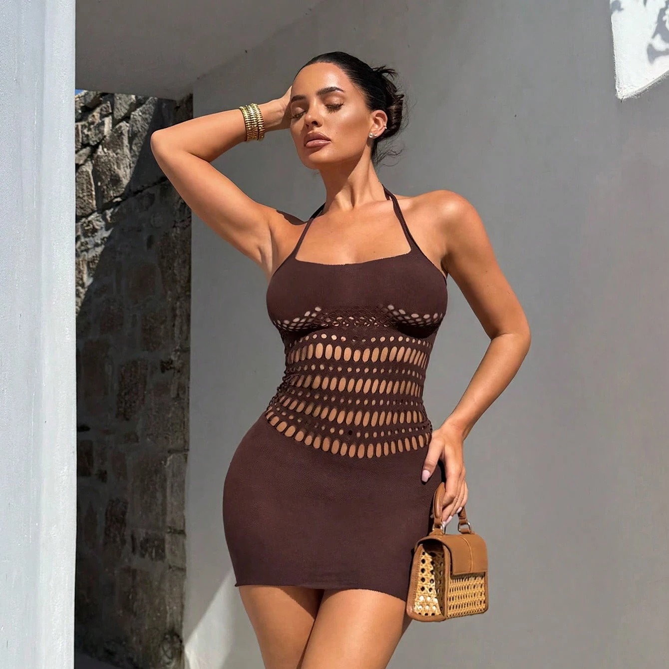 Allurite Women's Brown Halter Neck Dress, High Elasticity Knit Fabric, Hollow Out Design, Suitable For Vacation, Date, Outing, Party 4