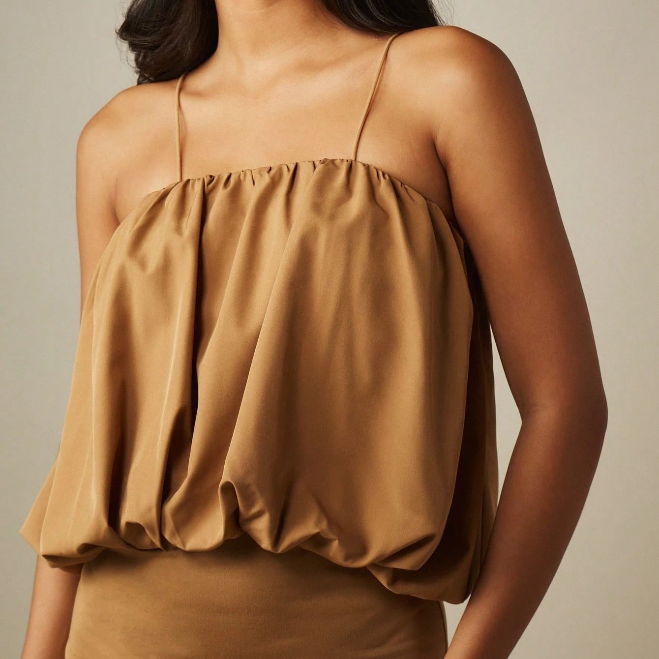 MISSGUIDED Poplin Puff Ball Top Stretch Slinky Skirt Mini Dress Square Neck Spaghetti Strap Ruched Party Night Summer Brown Sexy