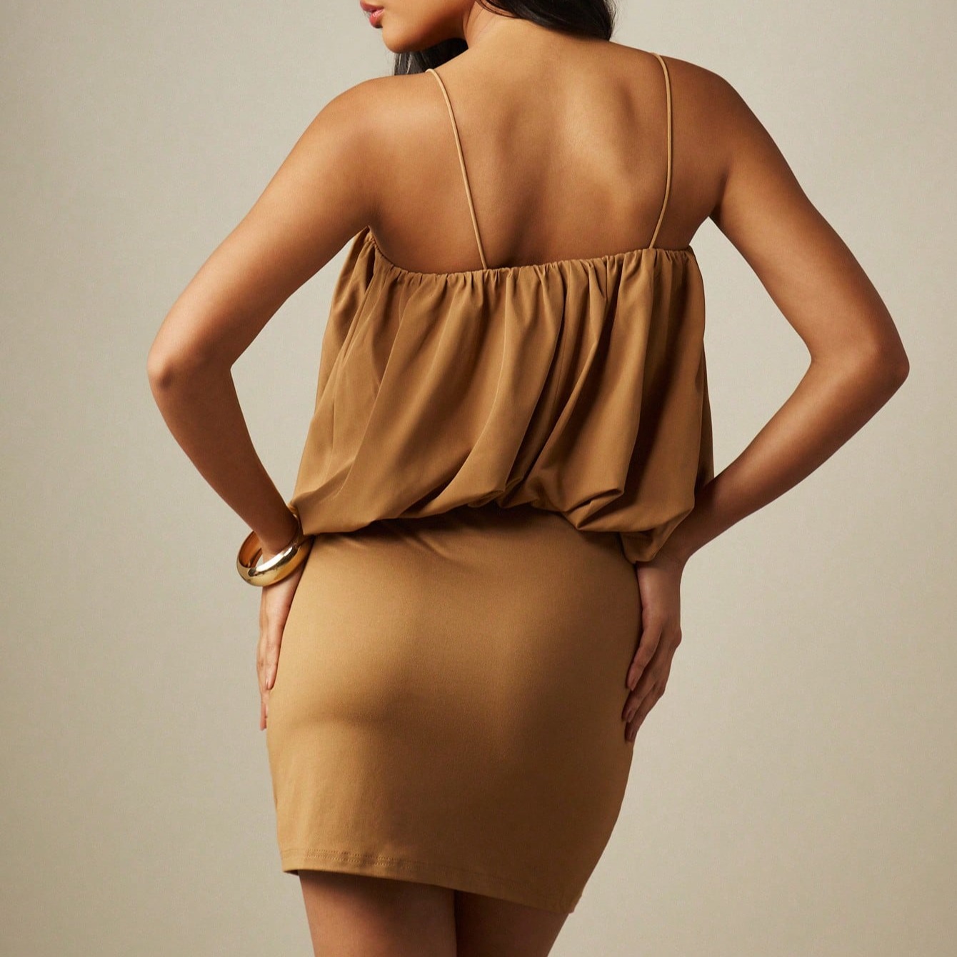 MISSGUIDED Poplin Puff Ball Top Stretch Slinky Skirt Mini Dress Square Neck Spaghetti Strap Ruched Party Night Summer Brown Sexy 5