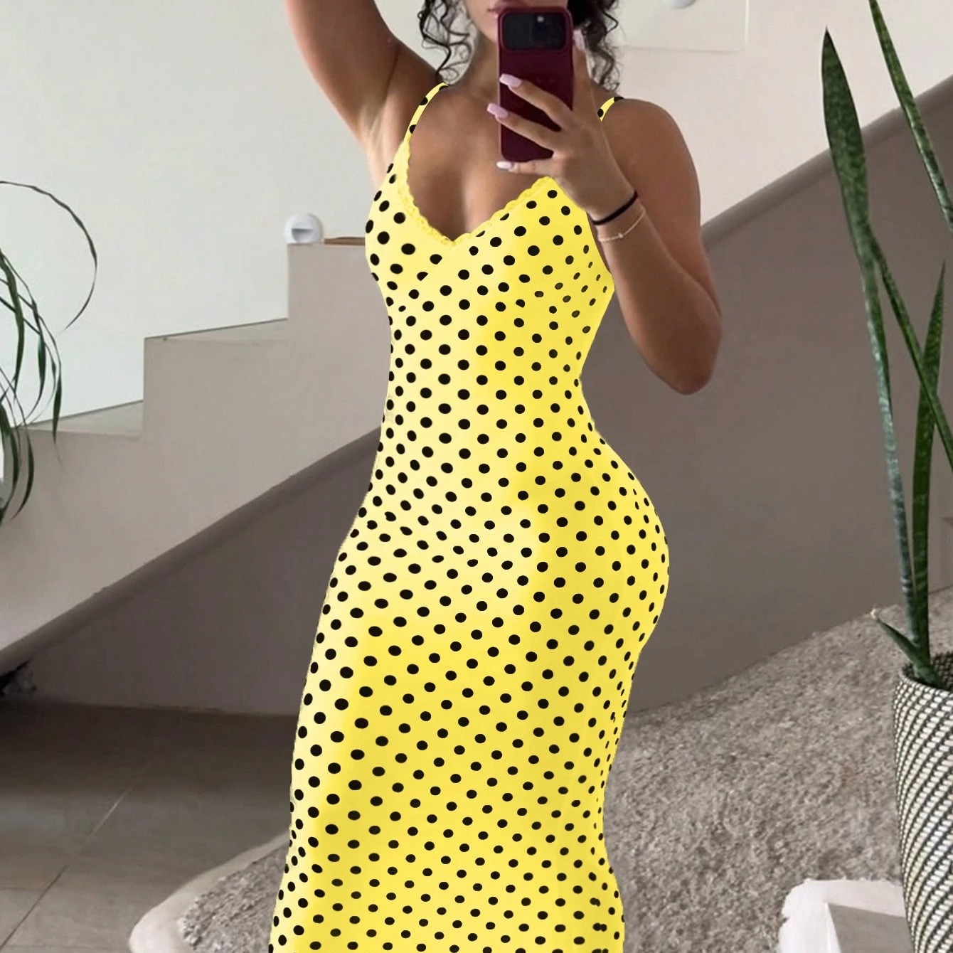 LovelyWholesale Women's Sexy Lace Trim V-Neck Adjustable Strap Bodycon Long Summer Dress Yellow Elegant