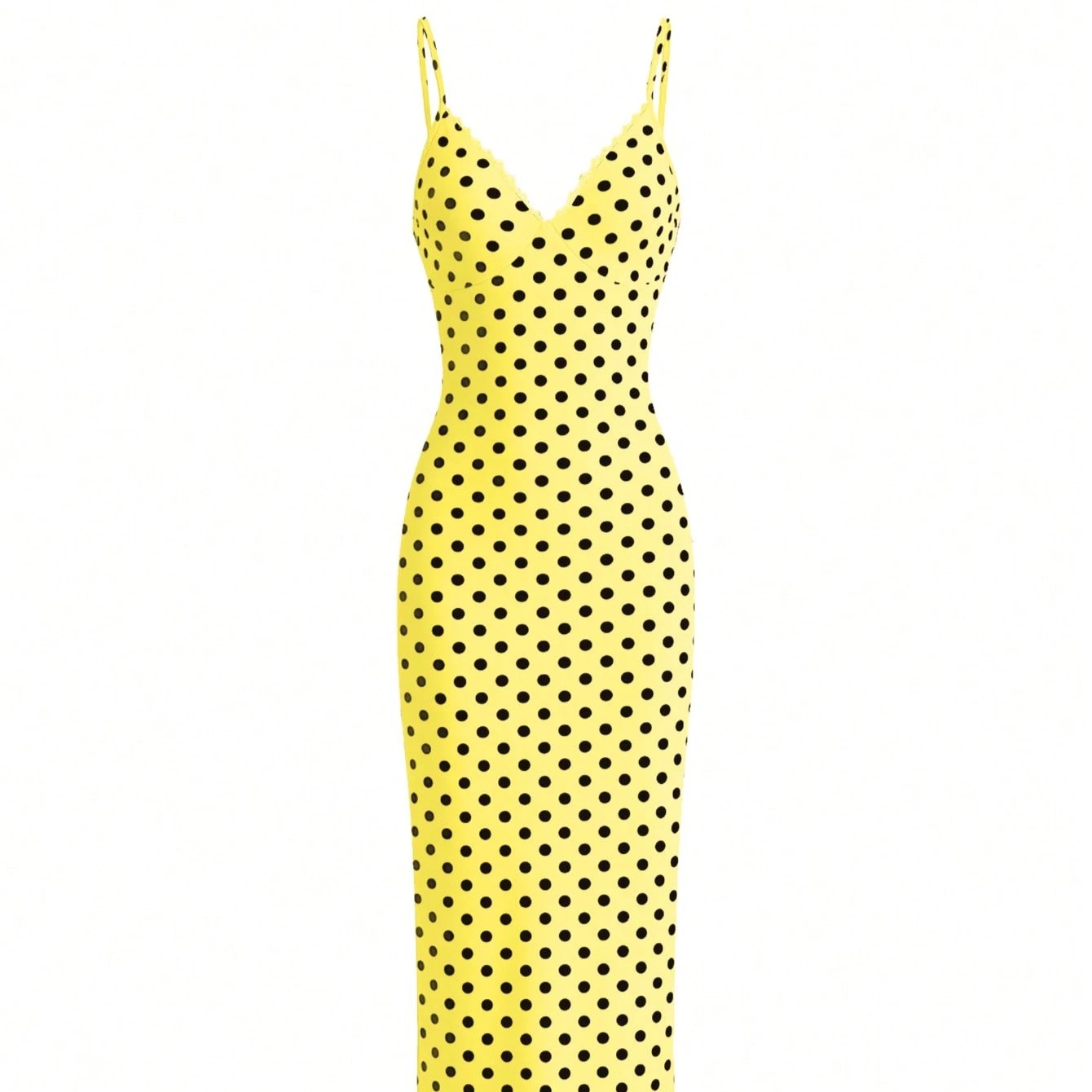 LovelyWholesale Women's Sexy Lace Trim V-Neck Adjustable Strap Bodycon Long Summer Dress Yellow Elegant 2