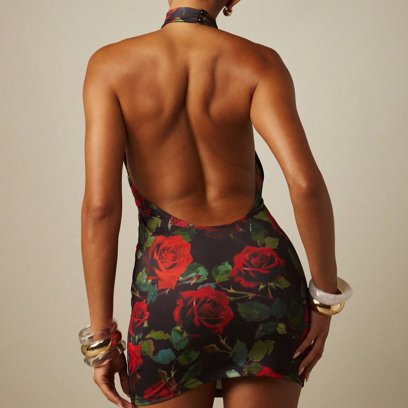 MISSGUIDED Halter Neck Bodycon Rose Floral Print Mini Dress Backless Evening Golf Party Sleeveless Summer Pastal Sexy 5