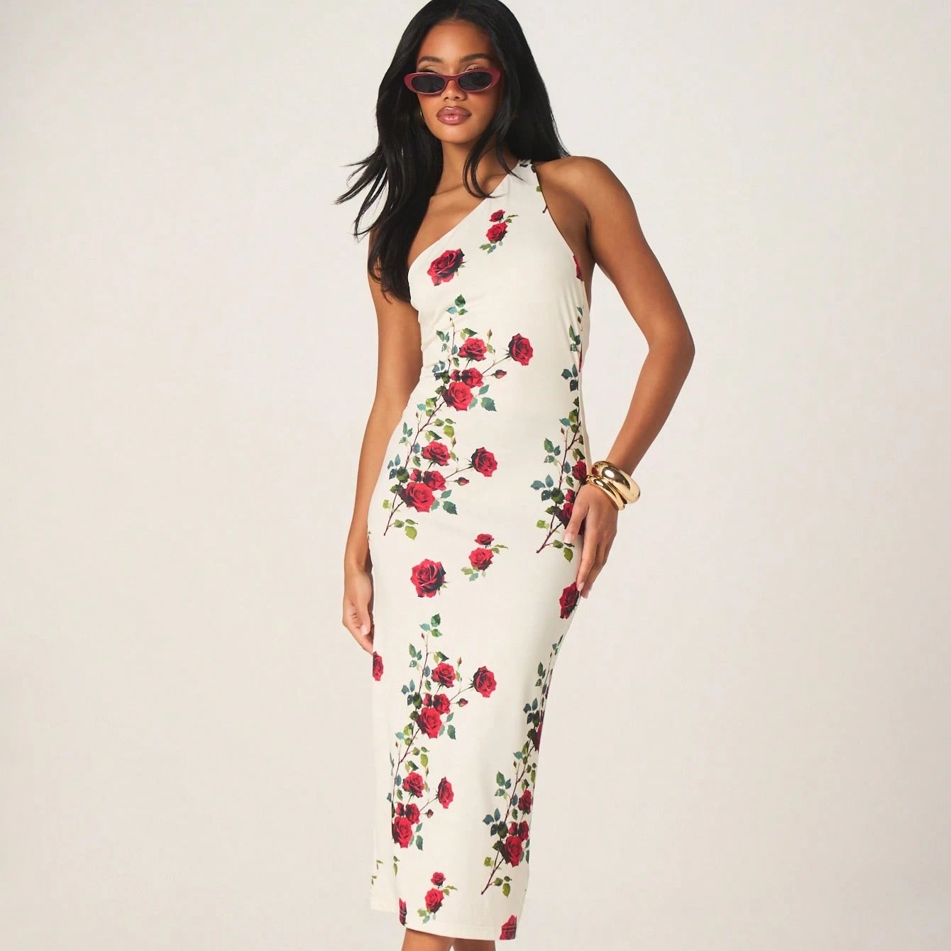 Asymmetric One Shoulder Floral Rose Print Midi Dress With Bodycon Fit For Party Vacation Evening Occasions White Summer Elegant