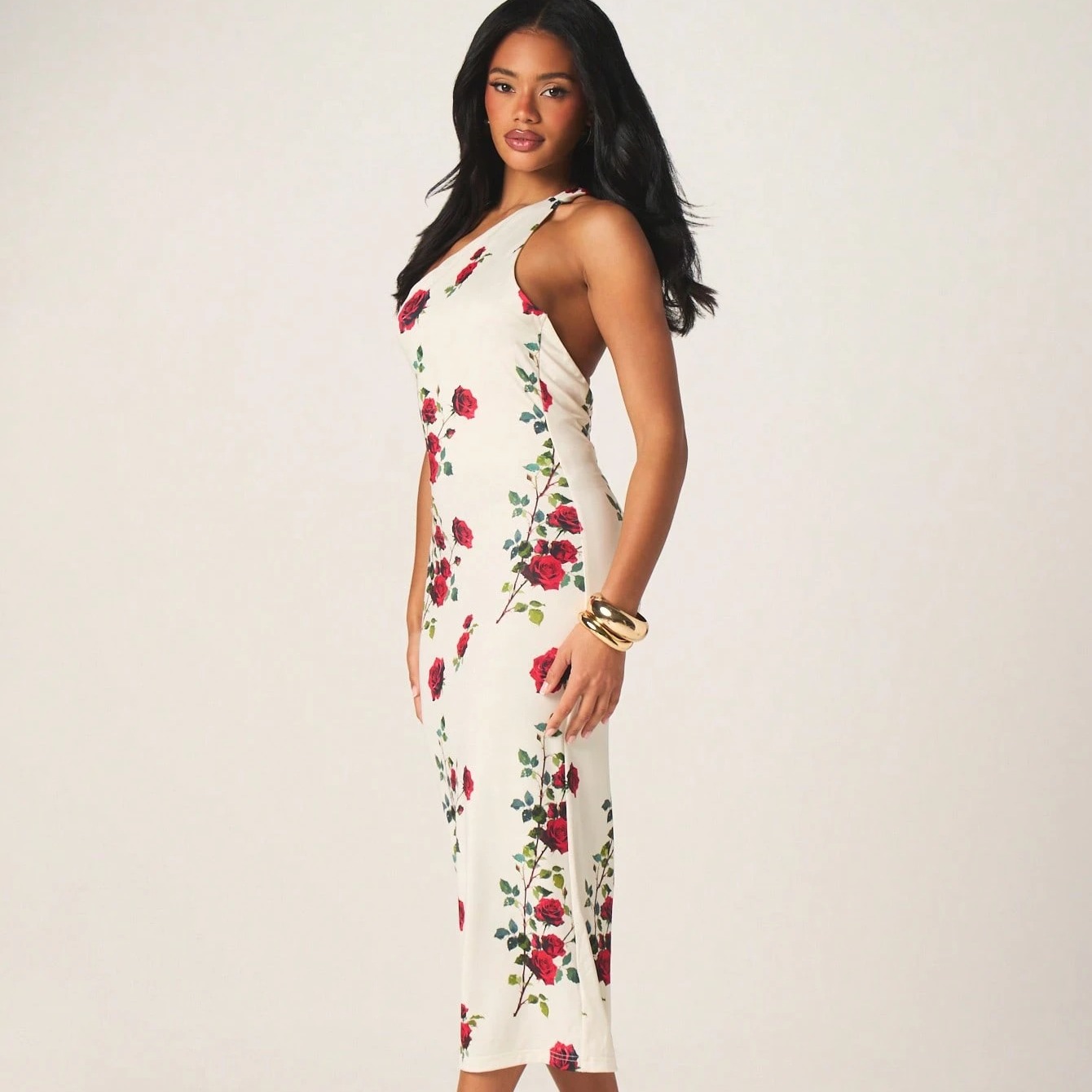 Asymmetric One Shoulder Floral Rose Print Midi Dress With Bodycon Fit For Party Vacation Evening Occasions White Summer Elegant 2