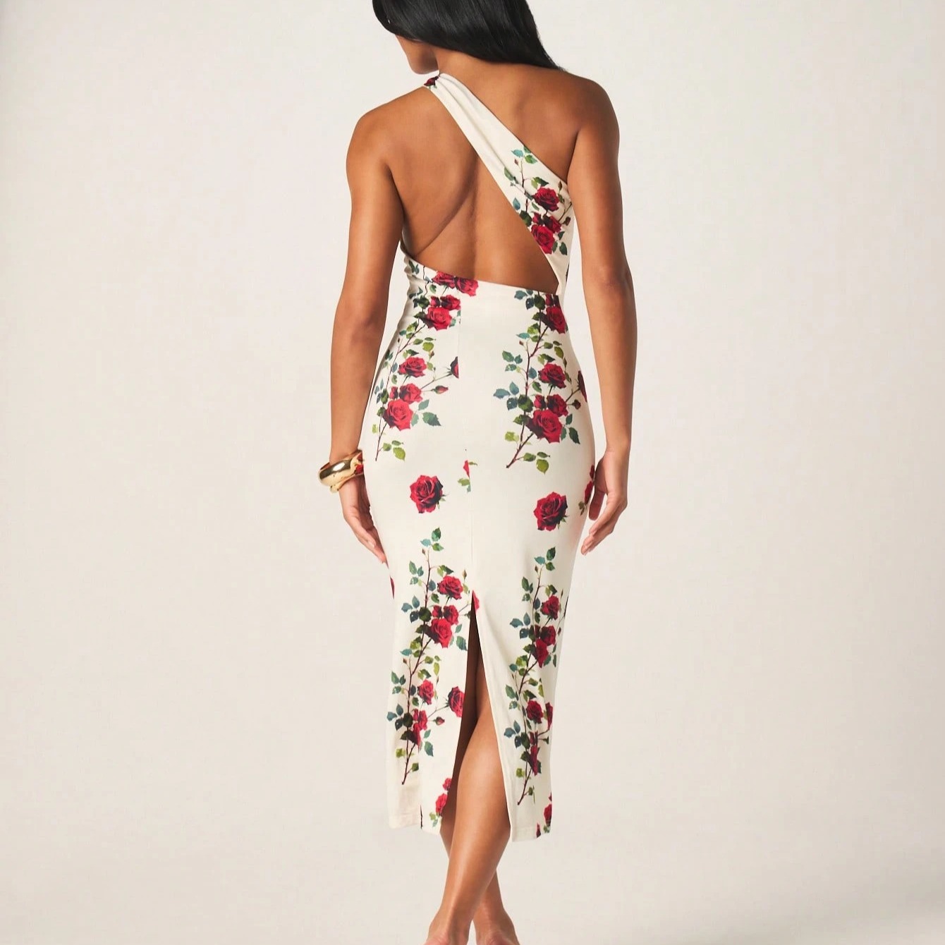 Asymmetric One Shoulder Floral Rose Print Midi Dress With Bodycon Fit For Party Vacation Evening Occasions White Summer Elegant 3