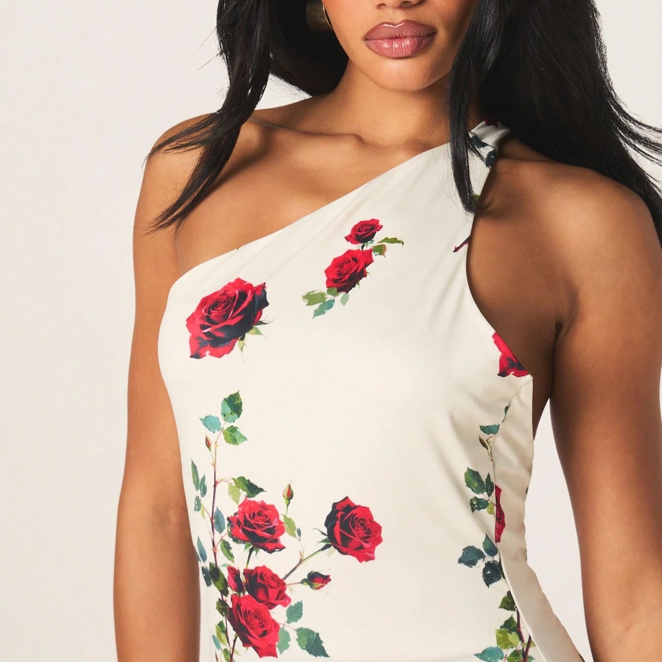 Asymmetric One Shoulder Floral Rose Print Midi Dress With Bodycon Fit For Party Vacation Evening Occasions White Summer Elegant 4