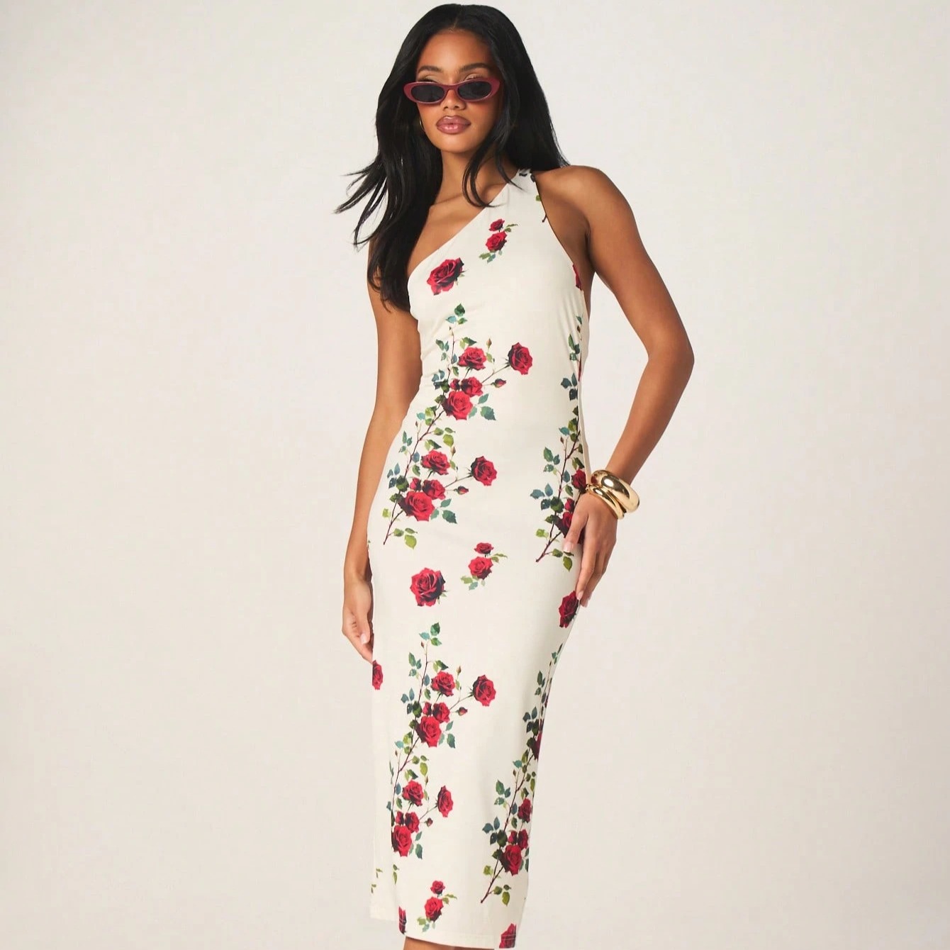 Asymmetric One Shoulder Floral Rose Print Midi Dress With Bodycon Fit For Party Vacation Evening Occasions White Summer Elegant 6